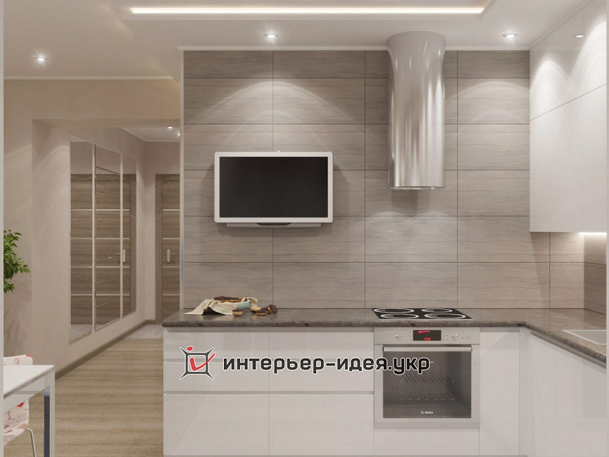 Дизайн интерьера кухни с гостиной в кремовых тонах