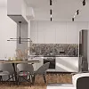 Кухня-гостиная в минималистичном стиле с элементами лофта
