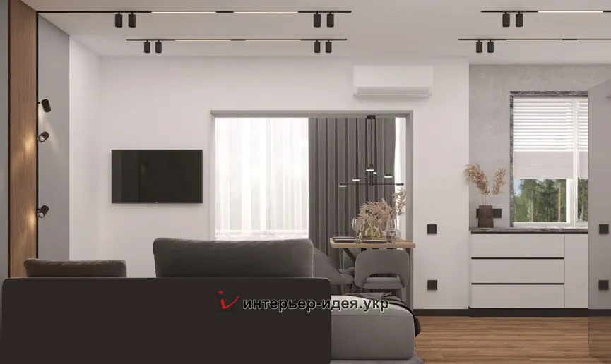 Кухня-гостиная в минималистичном стиле с элементами лофта